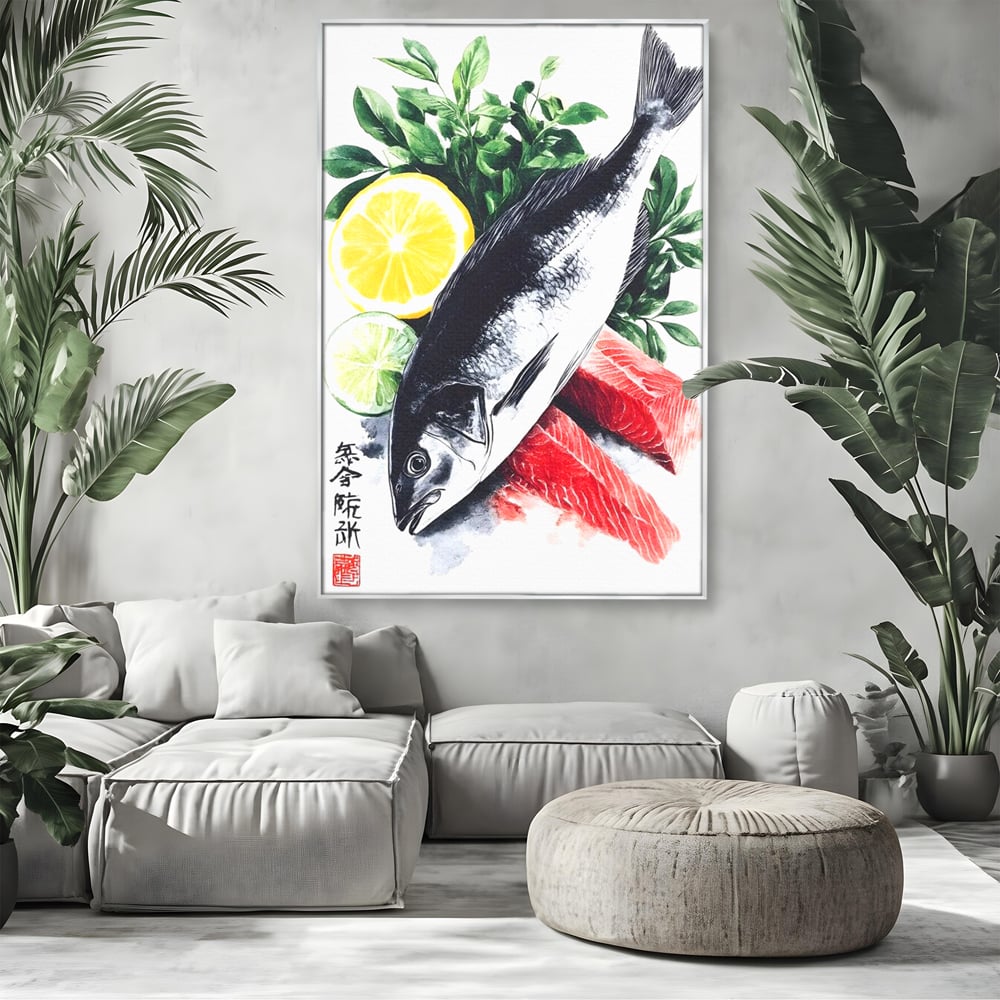 Tablou canvas cu ilustratie cu peste intreg si fileuri, in rama de aluminiu argintiu, pe perete intr-un living